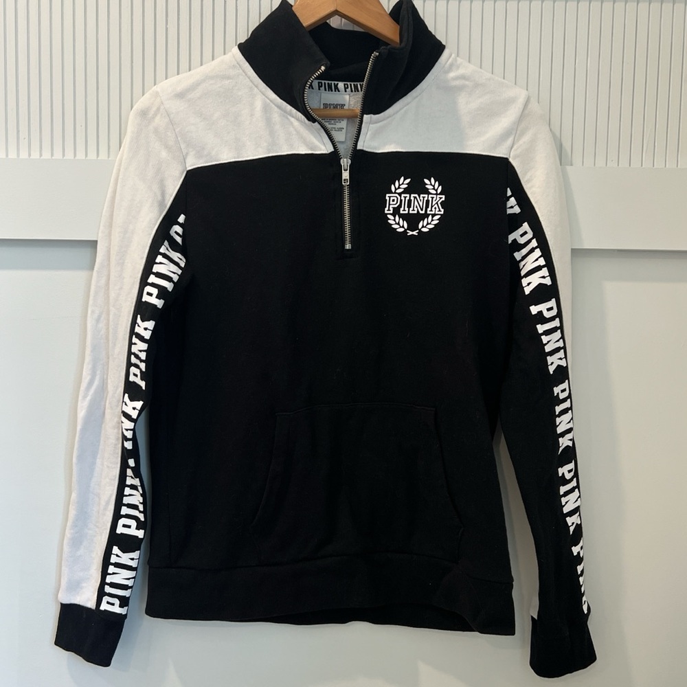 PINK Victoria's Secret Black and White Half‑Zip Sweatshirt